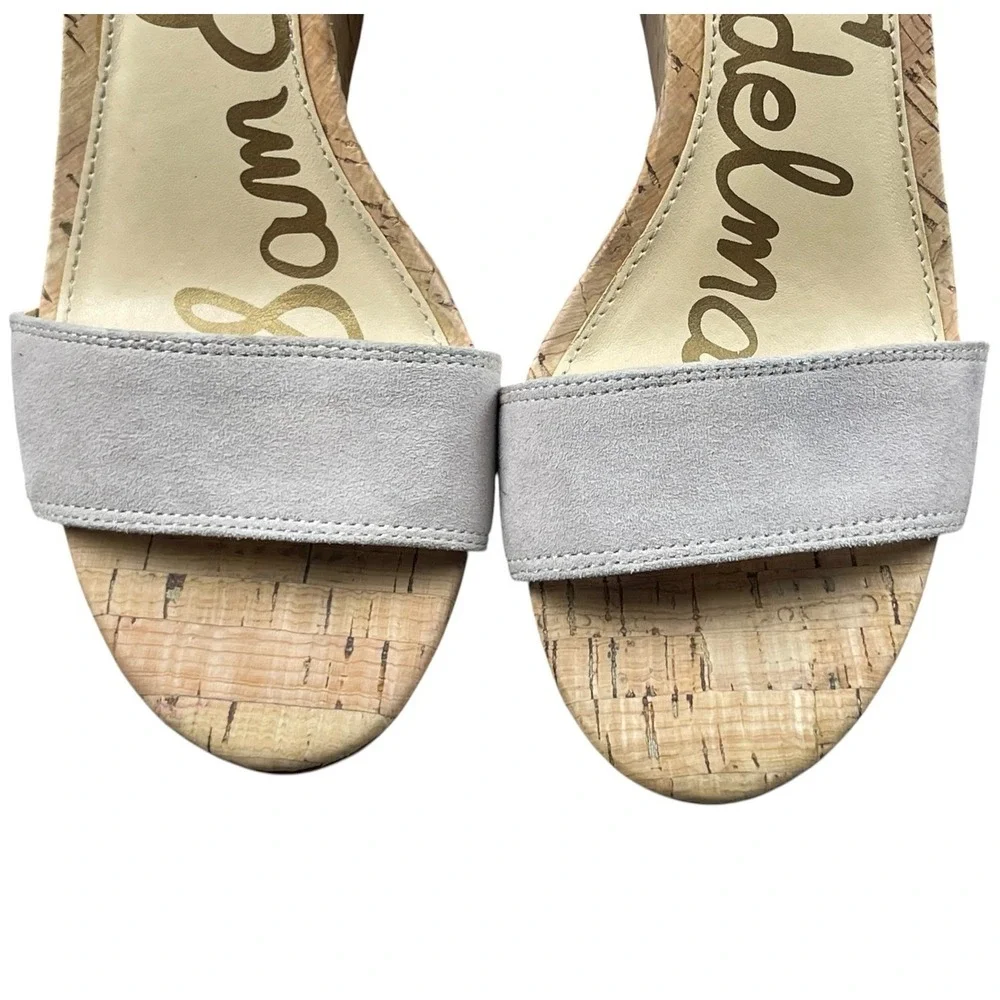 Sam Edelman Women Light Gray Suede Cork Wedge Sandals Size 6.5 Ankle Strap Shoes